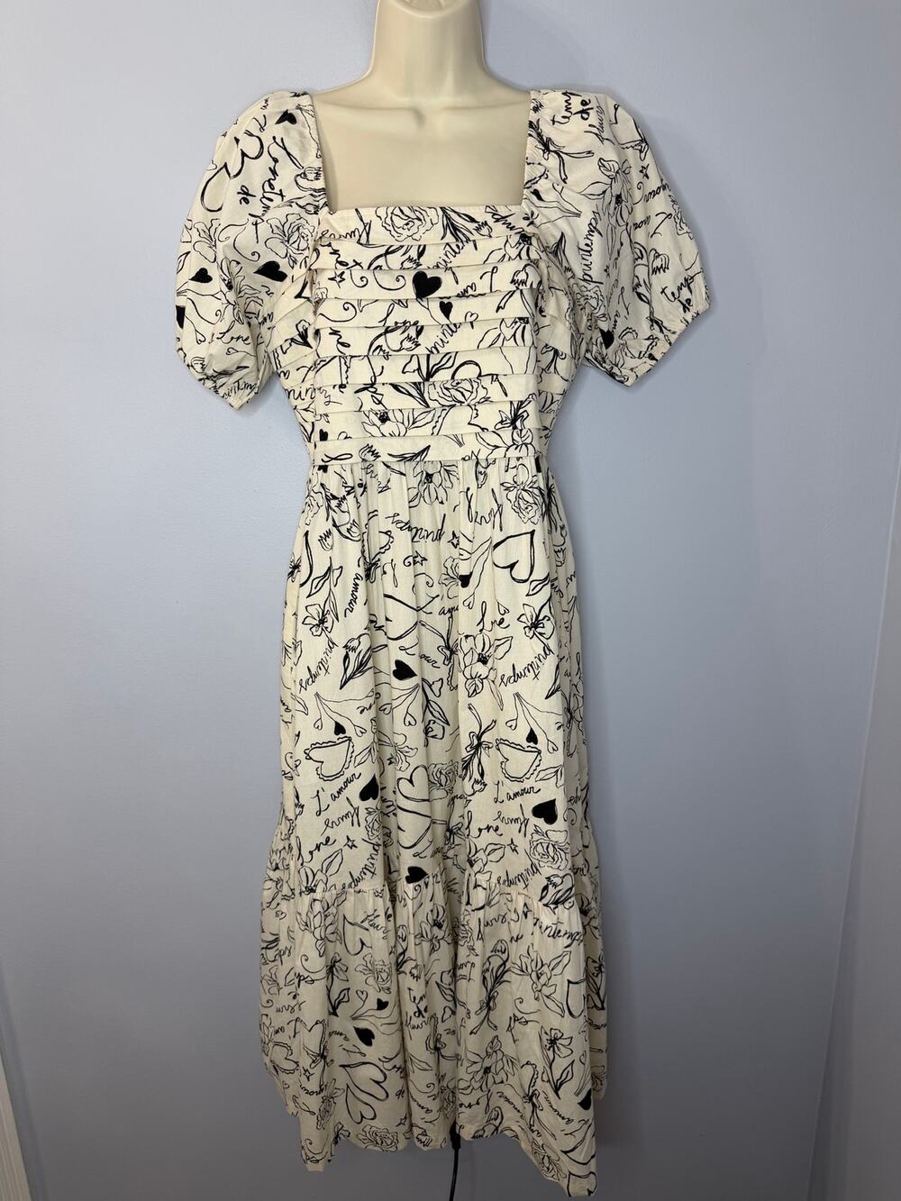 Japna Square Neck Puff Sleeve Midi Dress Black Cream Floral Women's M